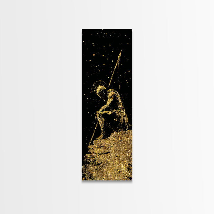 Spartan Warrior Kneeling With Spear, Gold Canvas Print, Ancient Greek Soldier Wall Art, Real Wood Frame Decor