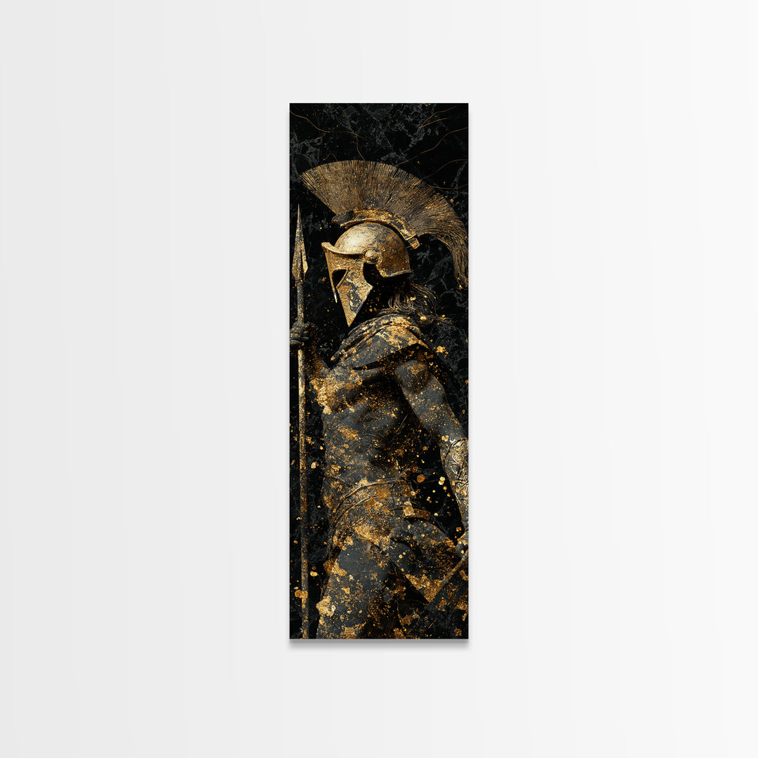 Greek Spartan Warrior Holding Spear, Gold Canvas Print, Ancient Helmet Warrior Wall Art, Real Wood Frame Decor