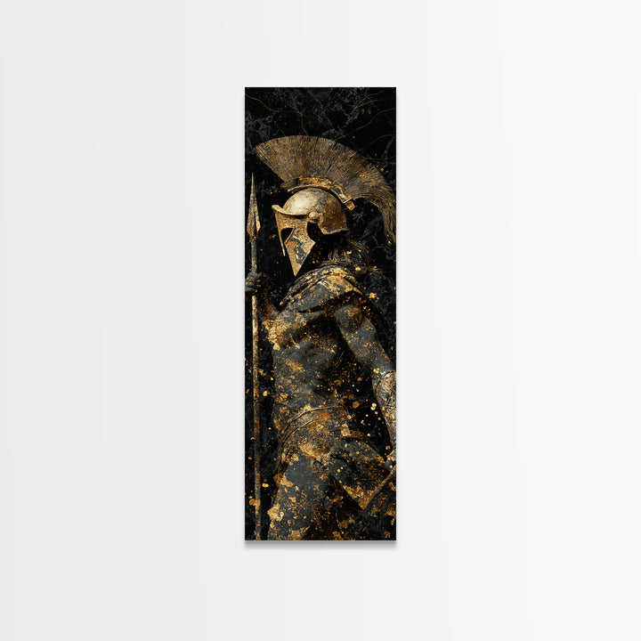 Greek Spartan Warrior Holding Spear, Gold Canvas Print, Ancient Helmet Warrior Wall Art, Real Wood Frame Decor