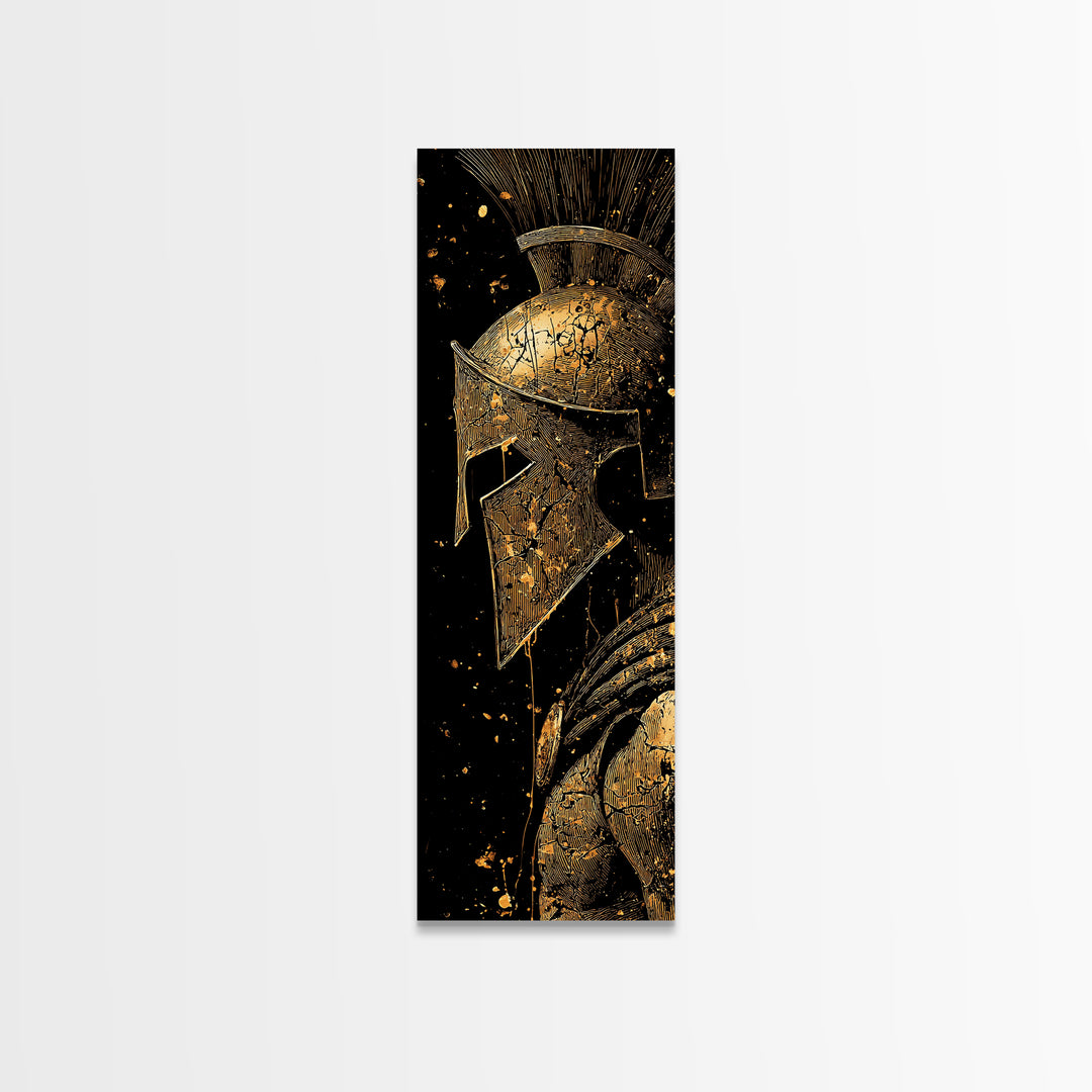 Spartan Helmet Close Up Artwork, Gold Canvas Print, Ancient Greek Warrior Wall Art, Real Wood Frame Decor