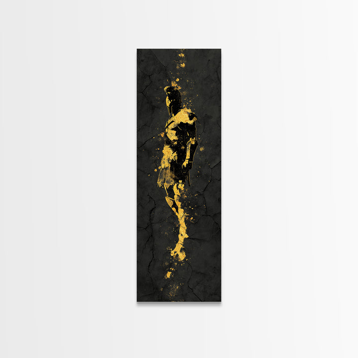 Greek Spartan Warrior Silhouette, Gold Canvas Print, Ancient Warrior Helmet Wall Art, Real Wood Frame Decor