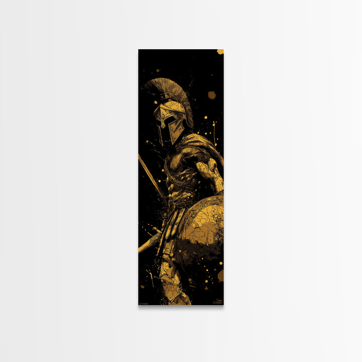 Ancient Spartan Warrior With Shield, Gold Canvas Print, Greek Soldier Helmet Wall Art, Real Wood Frame Decor