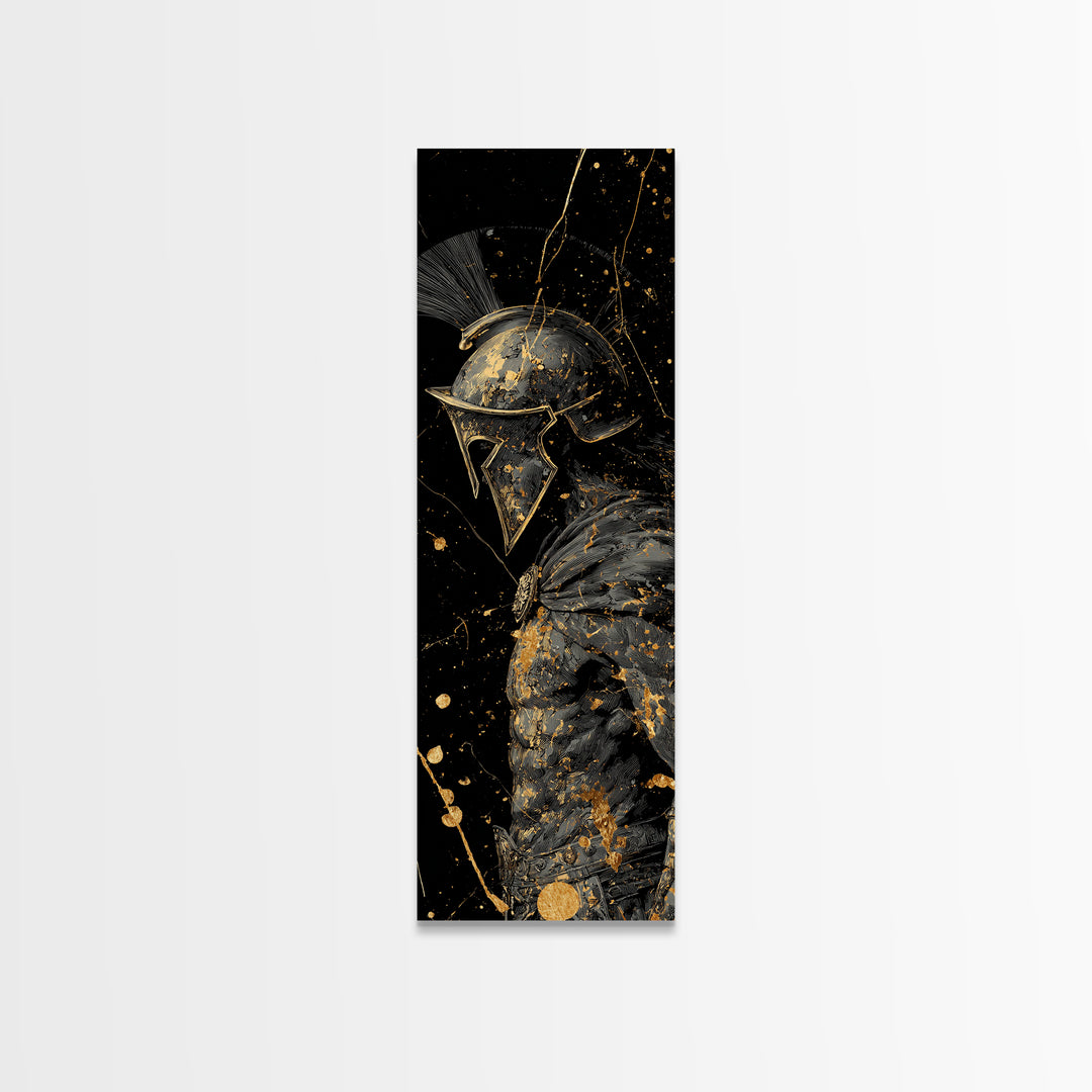 Greek Spartan Warrior In Splatter Style, Gold Canvas Print, Ancient Warrior Helmet Wall Art, Real Wood Frame Decor