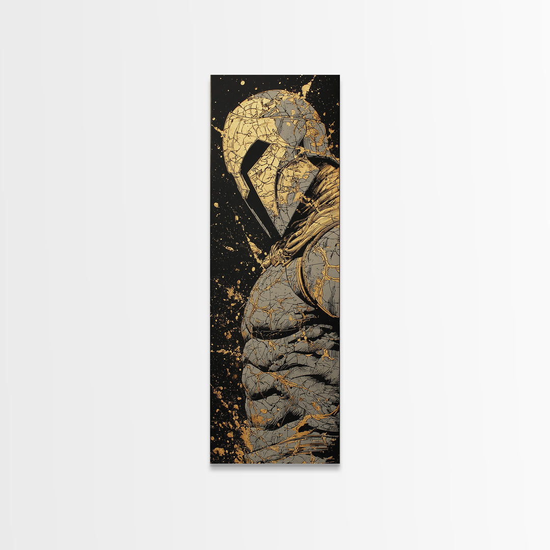 Ancient Spartan Helmet Detailed Artwork, Gold Canvas Print, Greek Warrior Wall Art, Real Wood Frame Decor