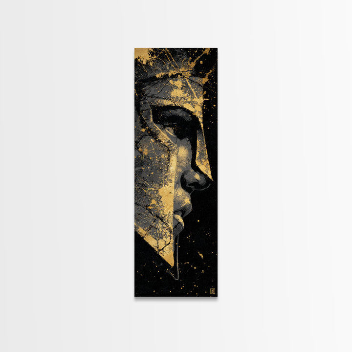 Warrior Spartan Portrait, Gold Canvas Print, Ancient Greek Helmet Wall Art, Real Wood Frame Home Decor, Historical Warrior Artwork