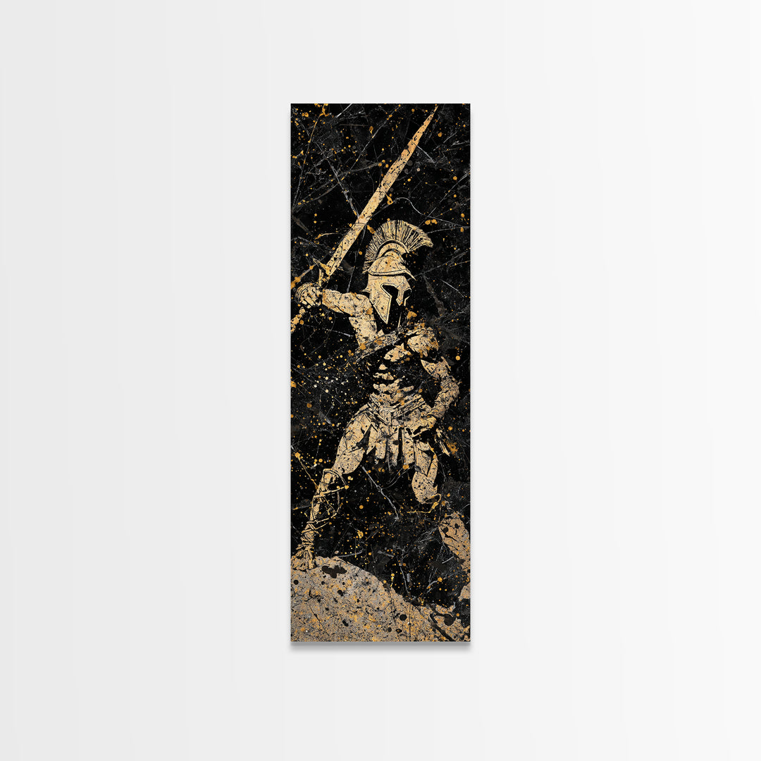 Greek Hoplite With Spear, Gold Canvas Art, Spartan Warrior Wall Decor, Real Wood Frame Canvas Print, Historical Military Artwork