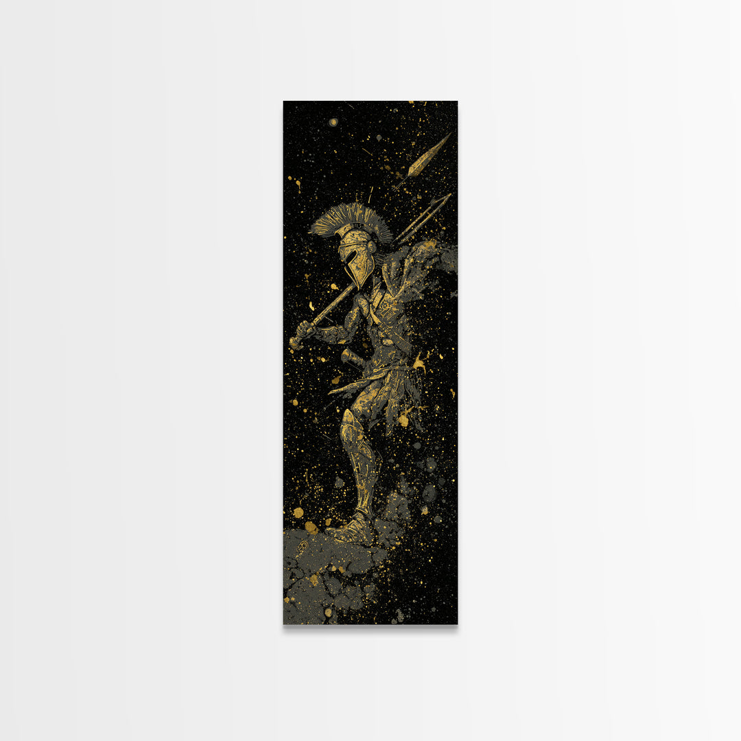 Ancient Spartan In Battle, Gold Canvas Art, Warrior With Spear Wall Print, Real Wood Frame Decor, Greek Mythology Artwork