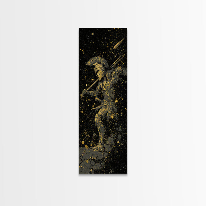 Ancient Spartan In Battle, Gold Canvas Art, Warrior With Spear Wall Print, Real Wood Frame Decor, Greek Mythology Artwork