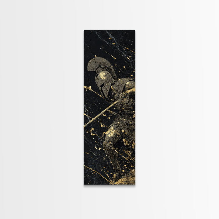 Heroic Spartan Warrior, Gold Canvas Print, Ancient Greek Wall Art, Real Wood Frame Decor, Battle Ready Soldier Artwork