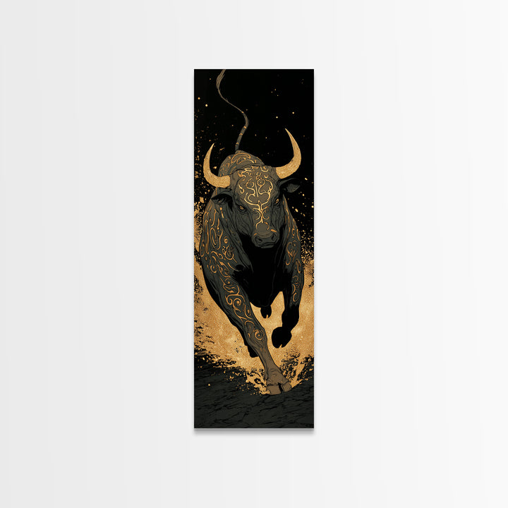 Charging Bull - Gold Canvas Wall Art - Wood Framed Canvas Art, Taurus Wall Art, Golden Runic Bull Painting Print, Canvas Art