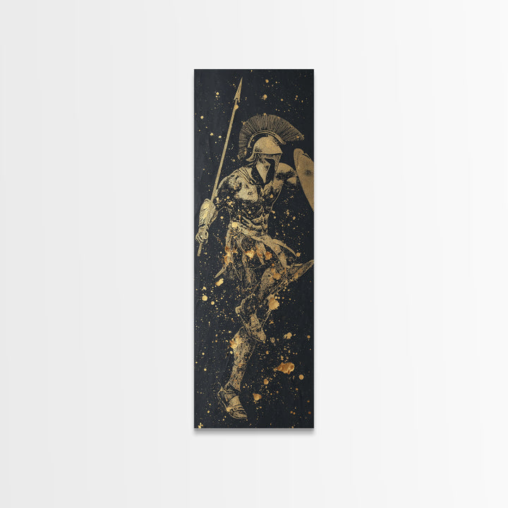 Ancient Greek Warrior Gold Canvas Print, Spartan Soldier Wall Art, Real Wood Frame, Gold Gladiator Decor For Office