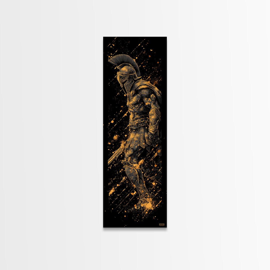 Spartan Soldier With Shield Gold Canvas Print, Ancient Greek Warrior Wall Art, Real Wood Frame, Gold Gladiator Decor