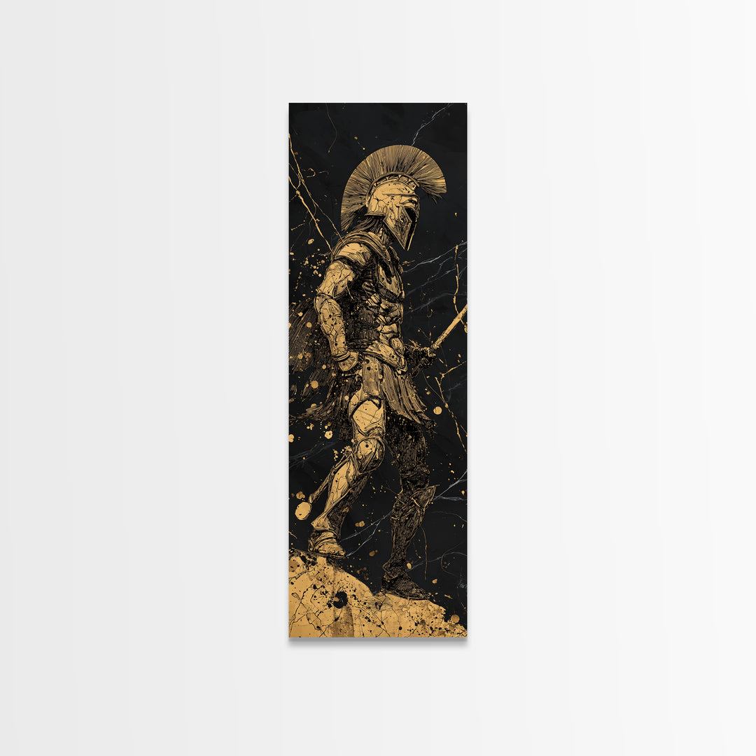 Greek Warrior Silhouette Gold Canvas Art, Ancient Spartan Wall Print, Real Wood Frame, Mythology Inspired Gold Soldier Decor