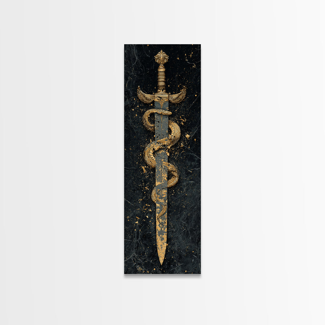 Gold Canvas Print, Sword And Serpent Wall Art, Mythical Weapon Artwork, Real Wood Frame Decor