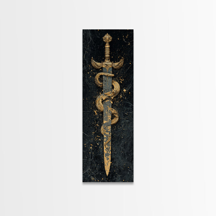 Gold Canvas Print, Sword And Serpent Wall Art, Mythical Weapon Artwork, Real Wood Frame Decor