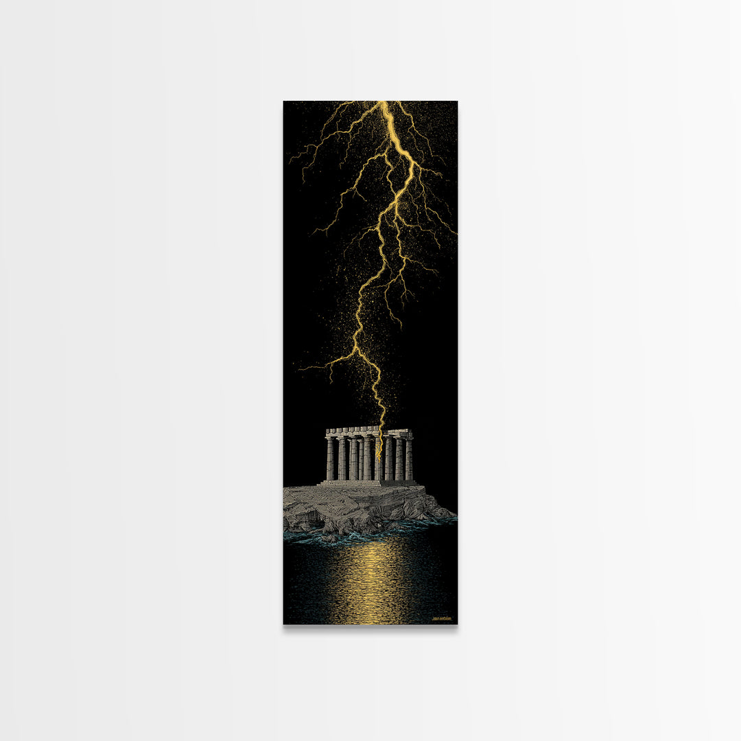 Gold Canvas Art, Zeus Lightning Temple Print, Ancient Greece Mythology Wall Decor, Real Wood Frame