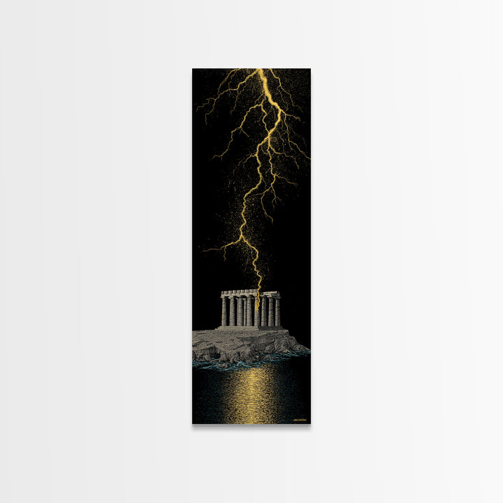 Gold Canvas Art, Zeus Lightning Temple Print, Ancient Greece Mythology Wall Decor, Real Wood Frame