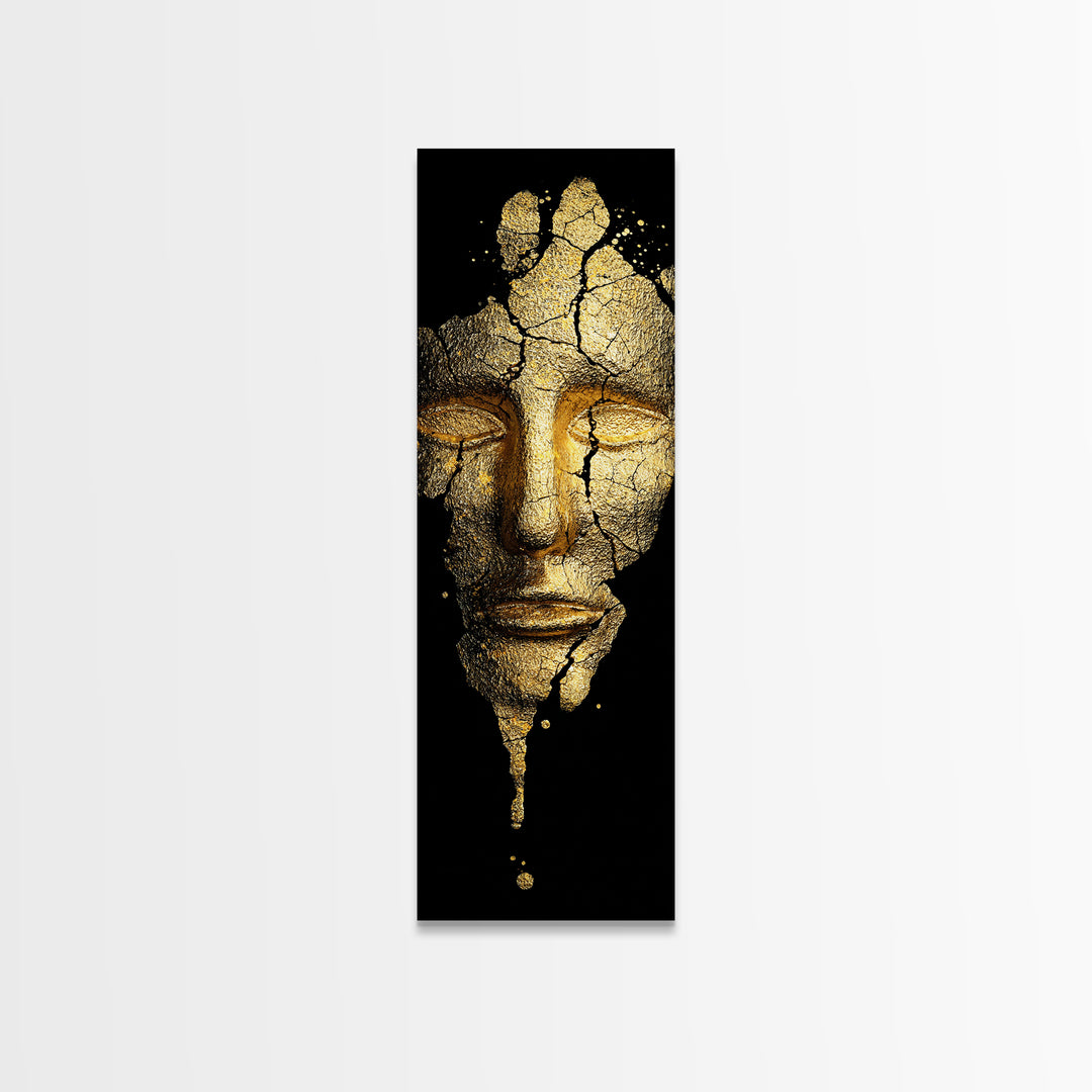 Gold Canvas Print, Cracked Golden Mask Wall Art, Mythical Face Artwork, Real Wood Frame Decor