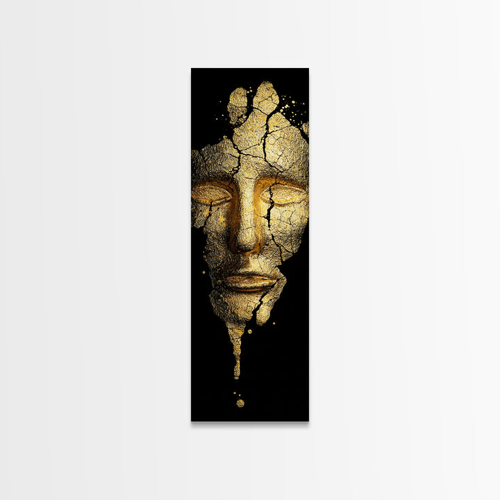 Gold Canvas Print, Cracked Golden Mask Wall Art, Mythical Face Artwork, Real Wood Frame Decor