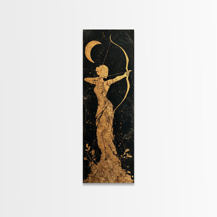 Gold Canvas Art, Artemis Moon Goddess Print, Bow And Arrow Wall Decor, Real Wood Frame Greek Artwork