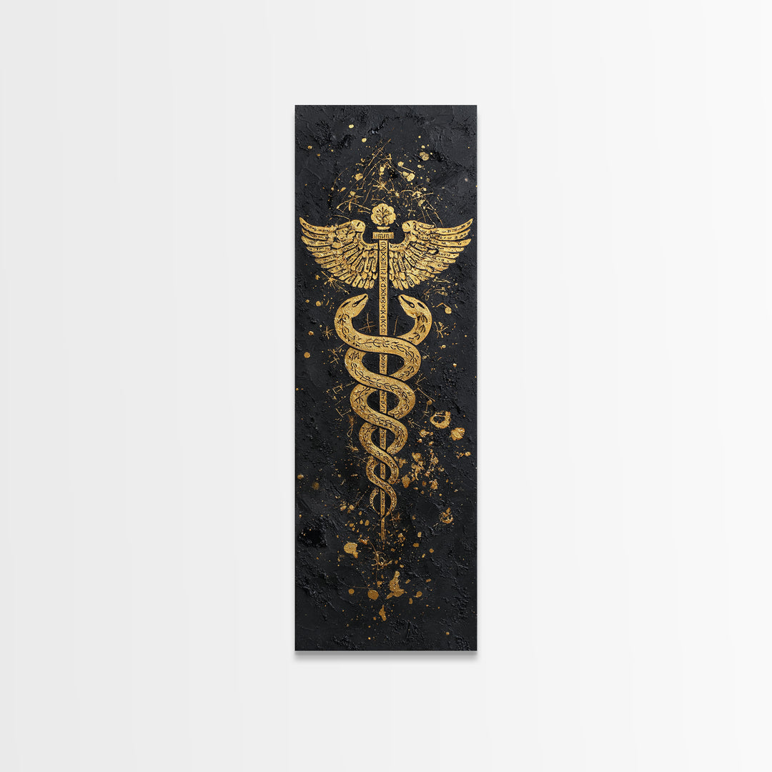 Gold Canvas Print, Caduceus Serpent Staff Wall Art, Hermes Symbol Decor, Real Wood Frame Artwork