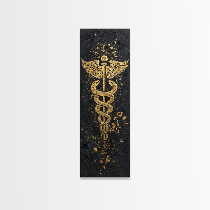 Gold Canvas Print, Caduceus Serpent Staff Wall Art, Hermes Symbol Decor, Real Wood Frame Artwork