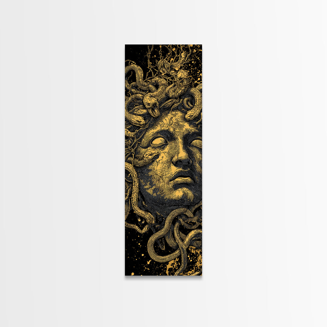 Medusa Gold Canvas Art, Greek Mythology Wall Print, Serpent Goddess Decor, Real Wood Framed Gold Mythical Artwork