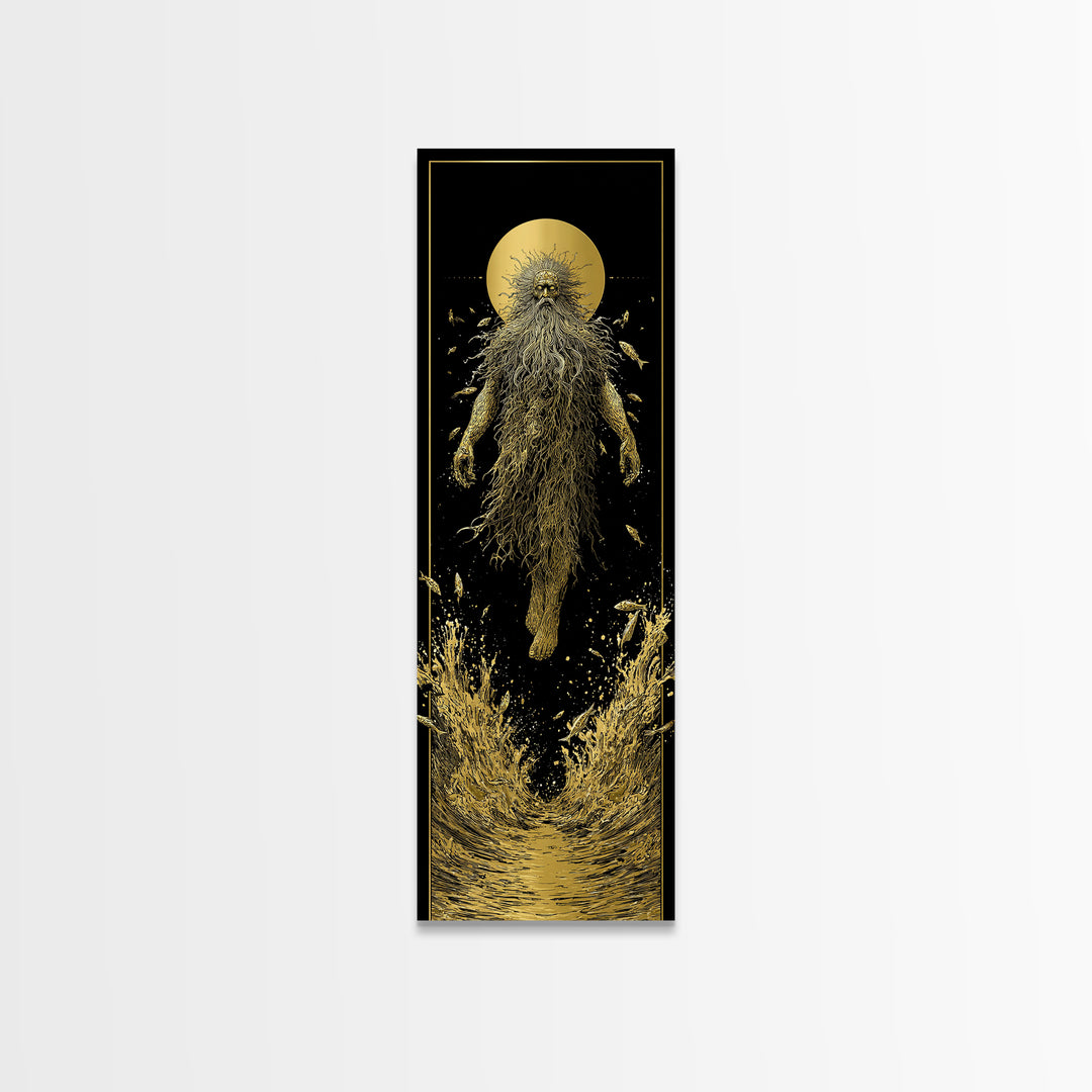 Oceanus Greek Titan Gold Canvas Art, Sea God Wall Print, Mythical Water Deity Decor, Real Wood Framed Gold Artwork