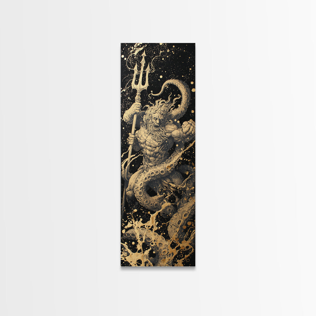 Poseidon Gold Canvas Art, Greek God Of The Sea Canvas Print, Mythology Ocean Decor, Real Wood Framed Gold Artwork
