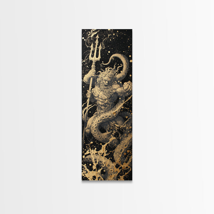 Poseidon Gold Canvas Art, Greek God Of The Sea Canvas Print, Mythology Ocean Decor, Real Wood Framed Gold Artwork