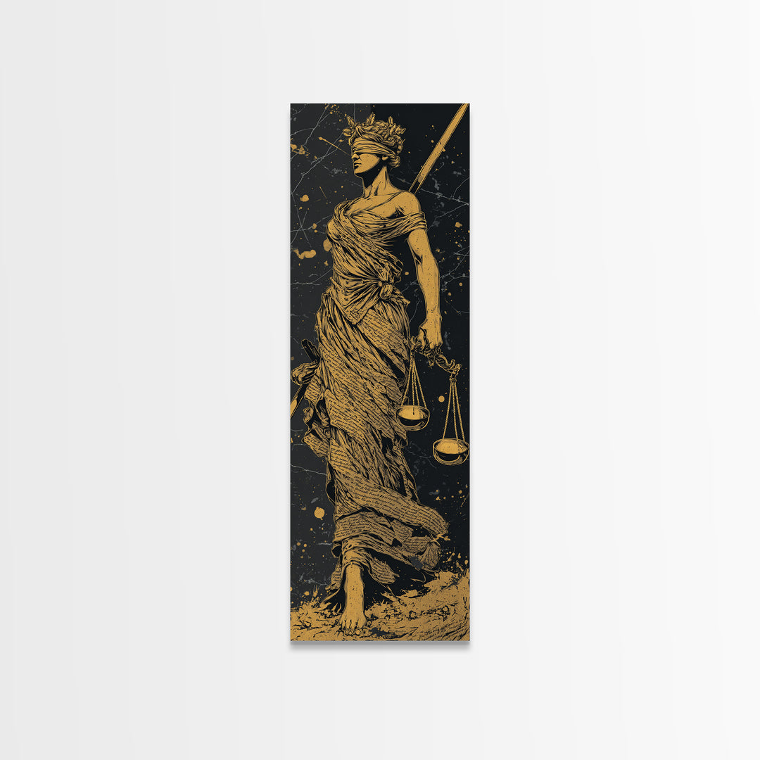 Themis Goddess Of Justice Gold Canvas Print, Blindfolded Lady Justice Wall Art, Scales Of Balance Decor, Real Wood Frame