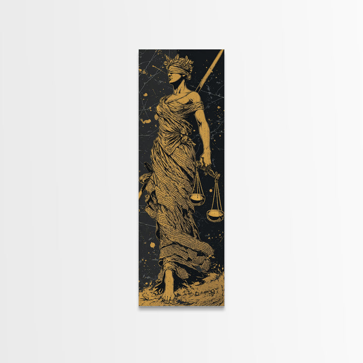 Themis Goddess Of Justice Gold Canvas Print, Blindfolded Lady Justice Wall Art, Scales Of Balance Decor, Real Wood Frame