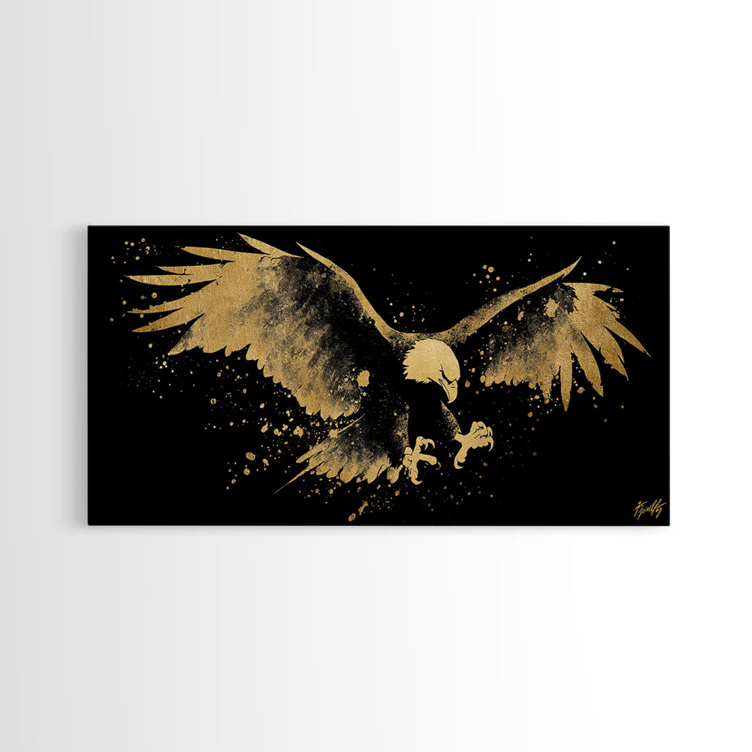 Eagle With Outstretched Wings, Gold Canvas Print, Real Wood Frame, Splatter Art, Majestic Bird Wall Decor