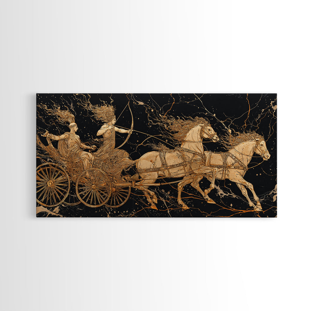 Greek Chariot Scene, Gold Canvas Art, Real Wood Frame, Mythology Inspired Wall Decor, Warriors And Horses Print