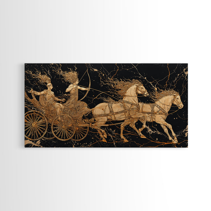 Greek Chariot Scene, Gold Canvas Art, Real Wood Frame, Mythology Inspired Wall Decor, Warriors And Horses Print