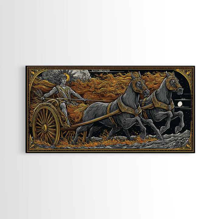Chariot Of The Sun God, Gold Canvas Print, Real Wood Frame, Mythology Wall Art, Horse And Chariot Artwork