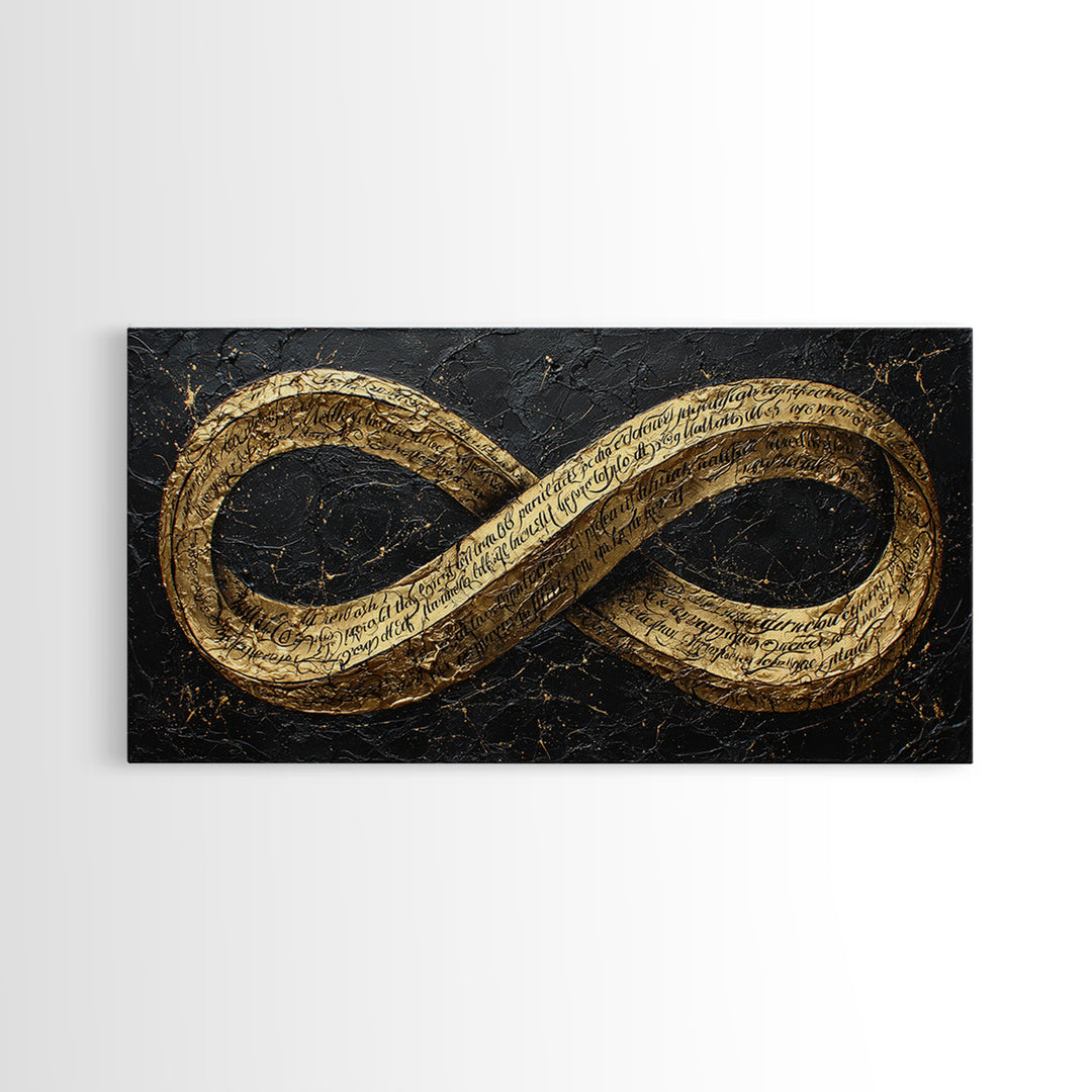 Infinity Symbol With Script, Gold Canvas Art, Real Wood Frame, Elegant Wall Decor, Modern Abstract Artwork