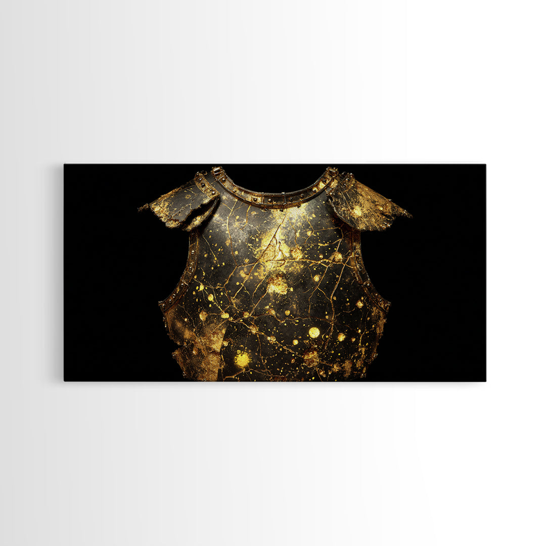 Golden Armor Breastplate, Gold Canvas Print, Real Wood Frame, Medieval Warrior Decor, Historical Art Print