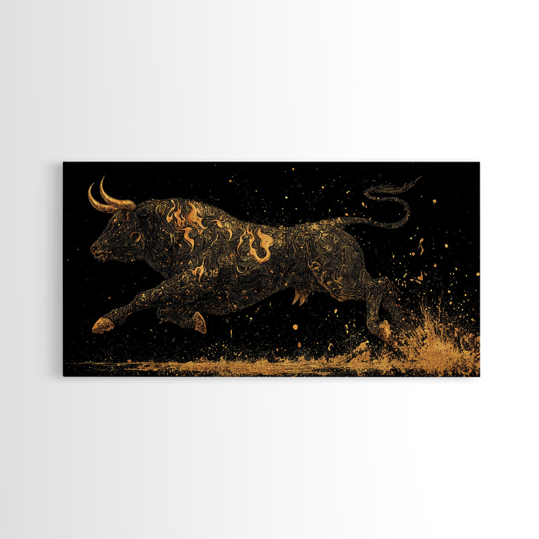 Golden Bull In Motion, Gold Canvas Art, Real Wood Frame, Dynamic Animal Wall Decor, Mythology Inspired Artwork