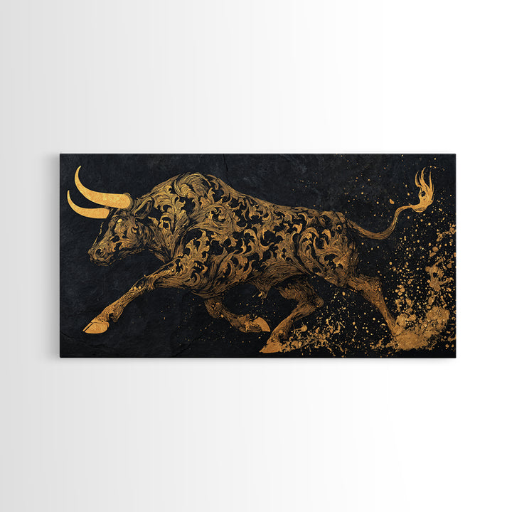 Ornate Golden Bull, Gold Canvas Print, Real Wood Frame, Decorative Animal Artwork, Powerful Bull Illustration