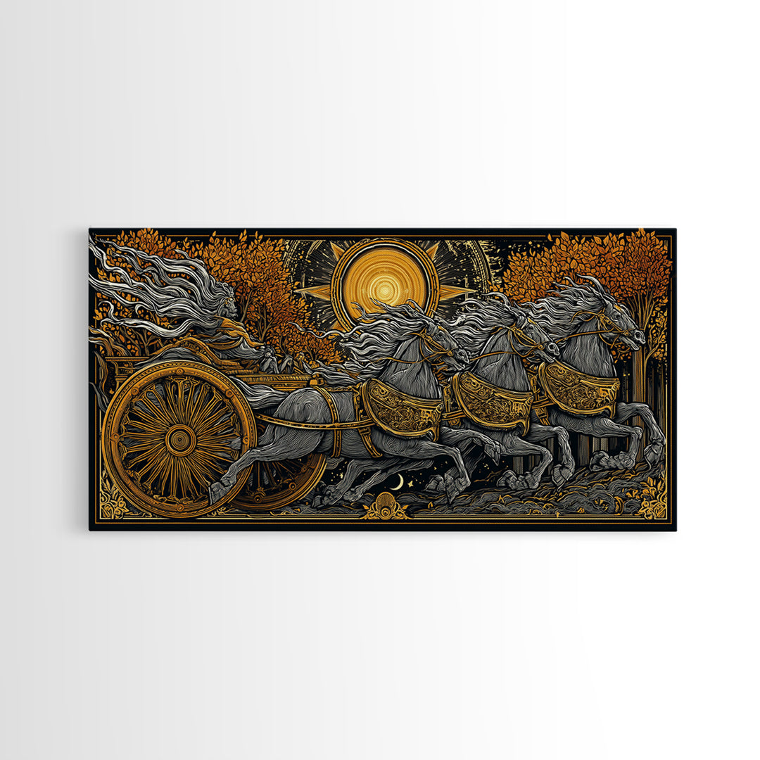 Chariot Of The Dawn, Gold Canvas Art, Real Wood Frame, Mythology Inspired Wall Decor, Horse And Rider Artwork