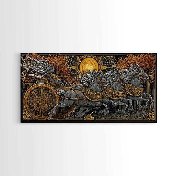 Chariot Of The Dawn, Gold Canvas Art, Real Wood Frame, Mythology Inspired Wall Decor, Horse And Rider Artwork