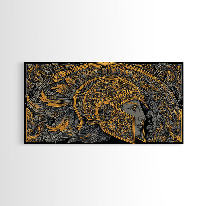 Ornate Greek Warrior Helmet, Gold Canvas Print, Real Wood Frame, Classical Armor Wall Art, Historical Decor
