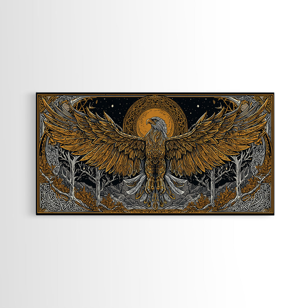 Golden Eagle Over Moonlit Forest, Gold Canvas Art, Real Wood Frame, Intricate Line Art, Majestic Bird Wall Decor
