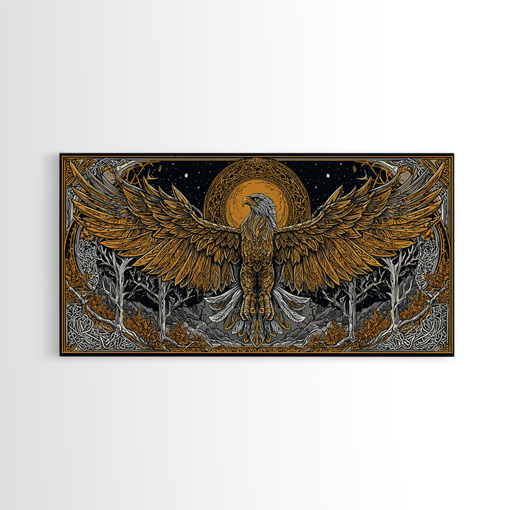 Golden Eagle Over Moonlit Forest, Gold Canvas Art, Real Wood Frame, Intricate Line Art, Majestic Bird Wall Decor