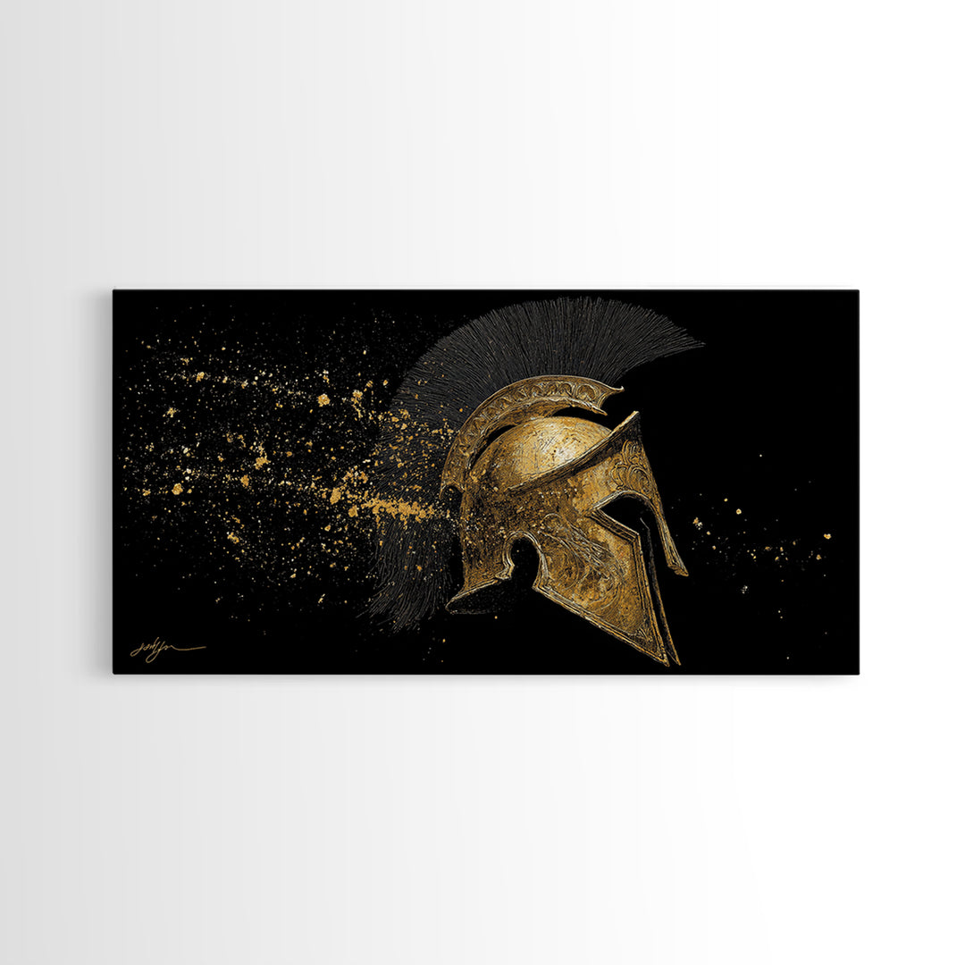 Golden Spartan Helmet, Gold Canvas Art, Real Wood Frame, Splatter Style Warrior Armor, Mythology Inspired Artwork