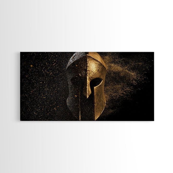Half Gold Spartan Helmet, Gold Canvas Print, Real Wood Frame, Splatter Style Warrior Armor, Ancient Battle Artwork