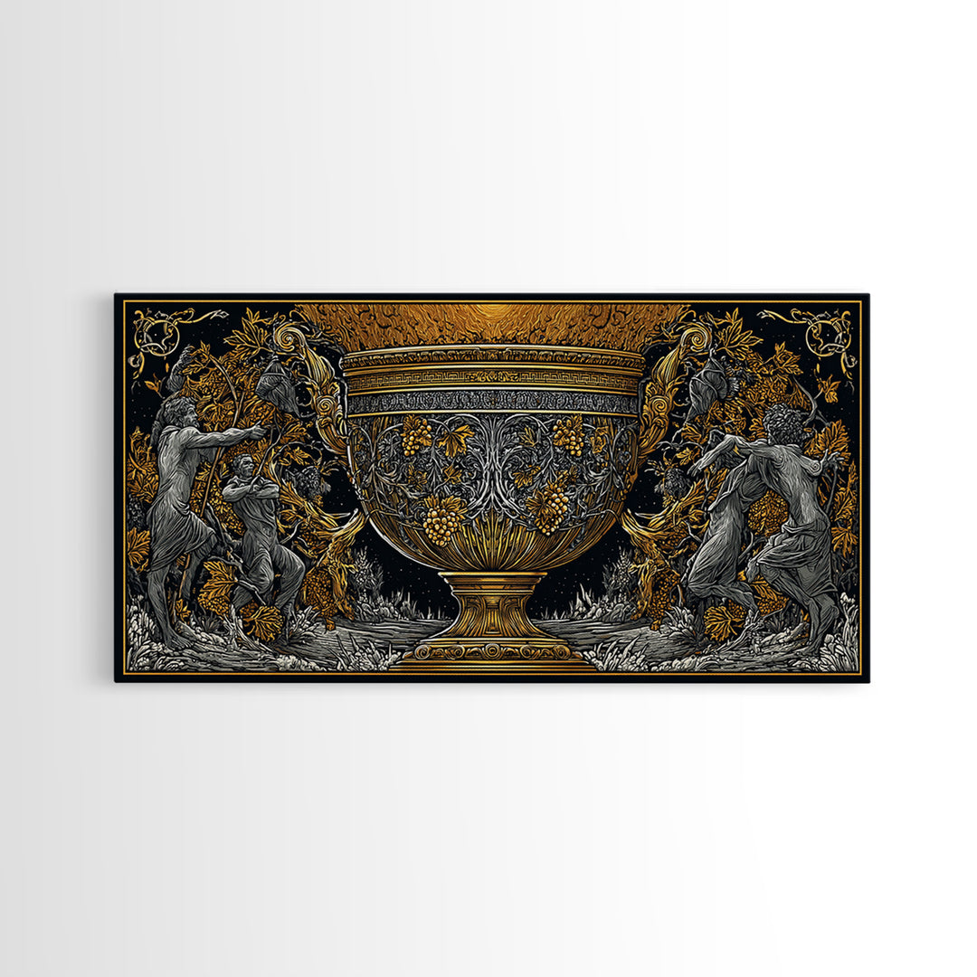 Golden Ornate Chalice, Gold Canvas Art, Real Wood Frame, Mythology Inspired Wall Decor, Classical Celebration Scene