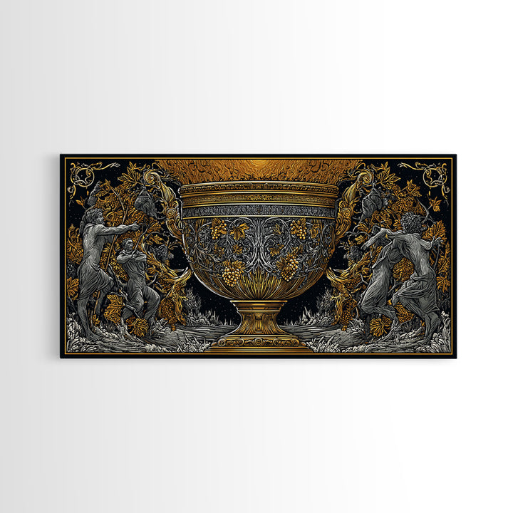 Golden Ornate Chalice, Gold Canvas Art, Real Wood Frame, Mythology Inspired Wall Decor, Classical Celebration Scene