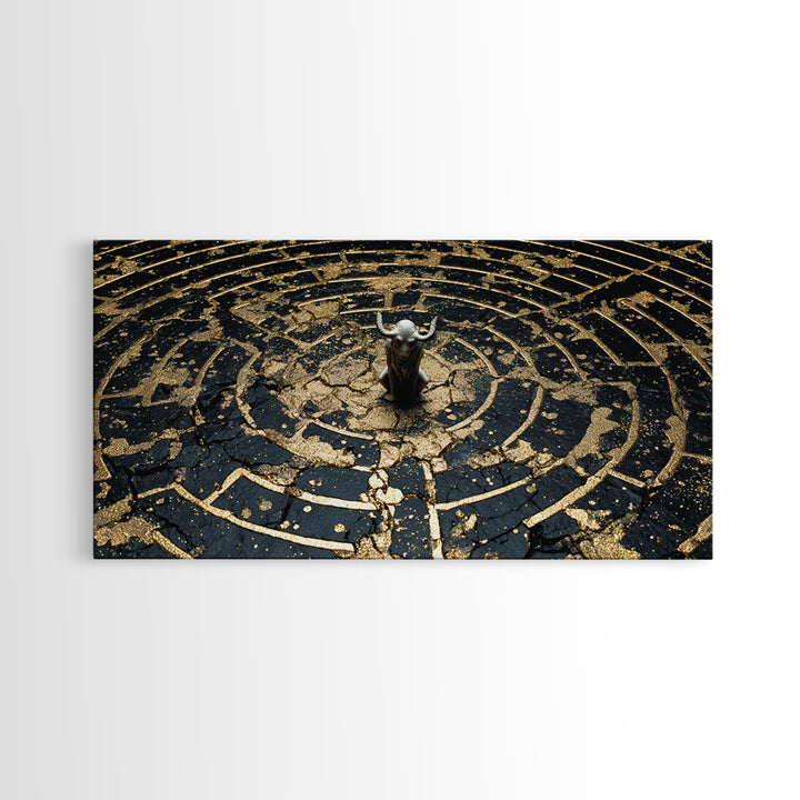 Minotaur In Labyrinth, Gold Canvas Print, Real Wood Frame, Mythology Inspired Wall Art, Ancient Maze Artwork